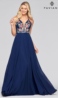 Navy Embroidered-Bodice Long Faviana Chiffon Prom Dress