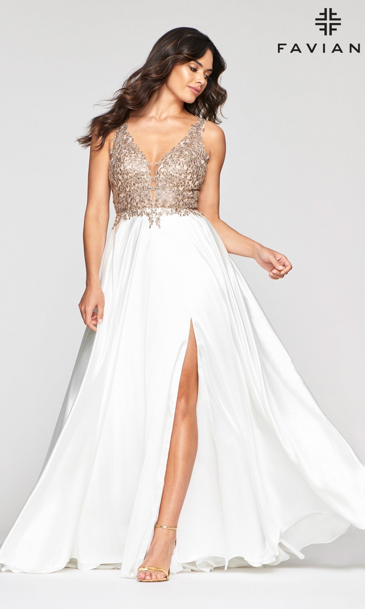Ivory/Gold Long A-Line V-Neck Prom Dress with Embroidery