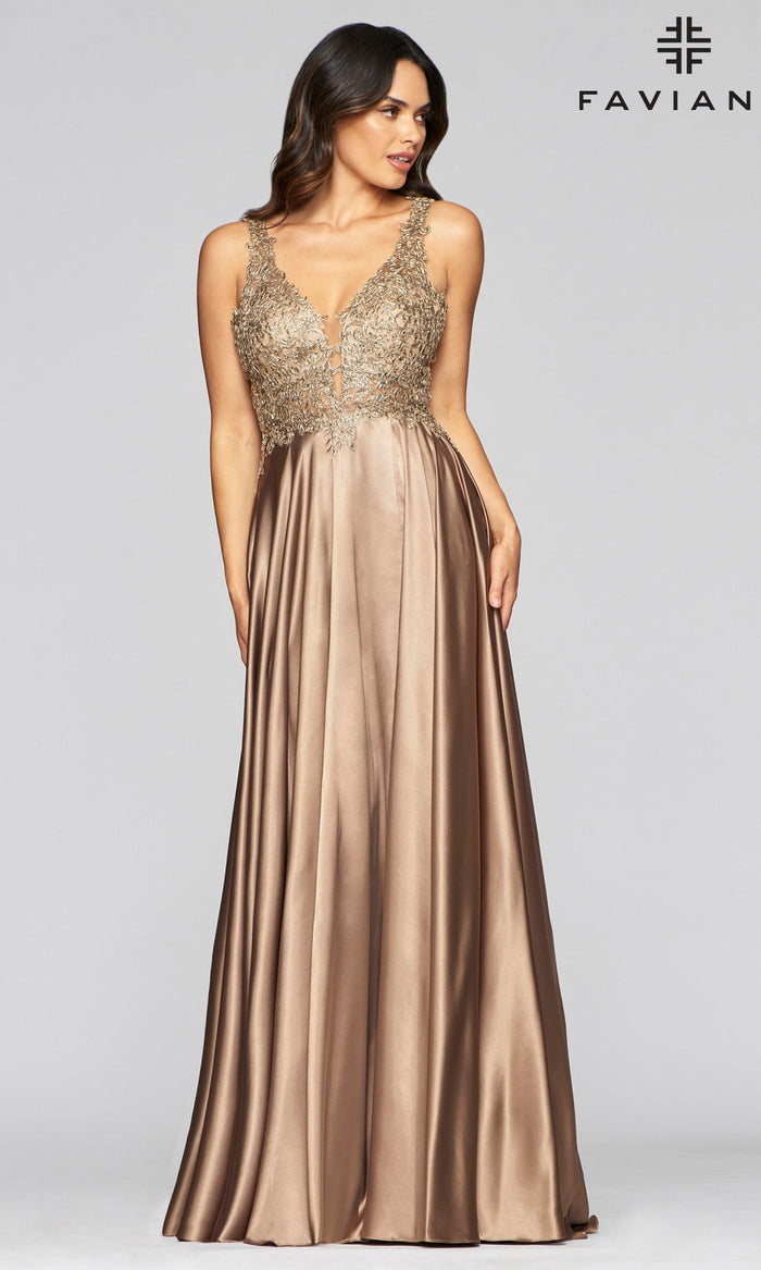 Mocha/Gold Long A-Line V-Neck Prom Dress with Embroidery