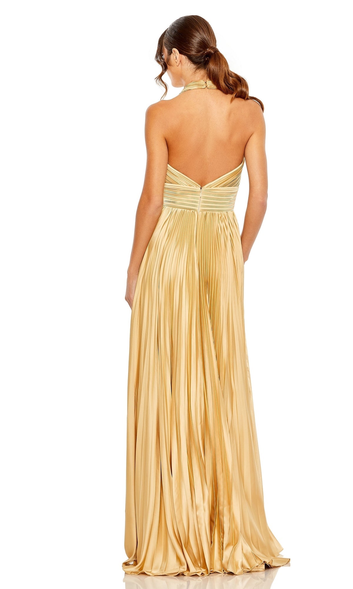 Mac Duggal Center Bow Pleated Halter Neck Gown - Gold Mac Duggal Center Bow Pleated Halter Neck Gown - Gold