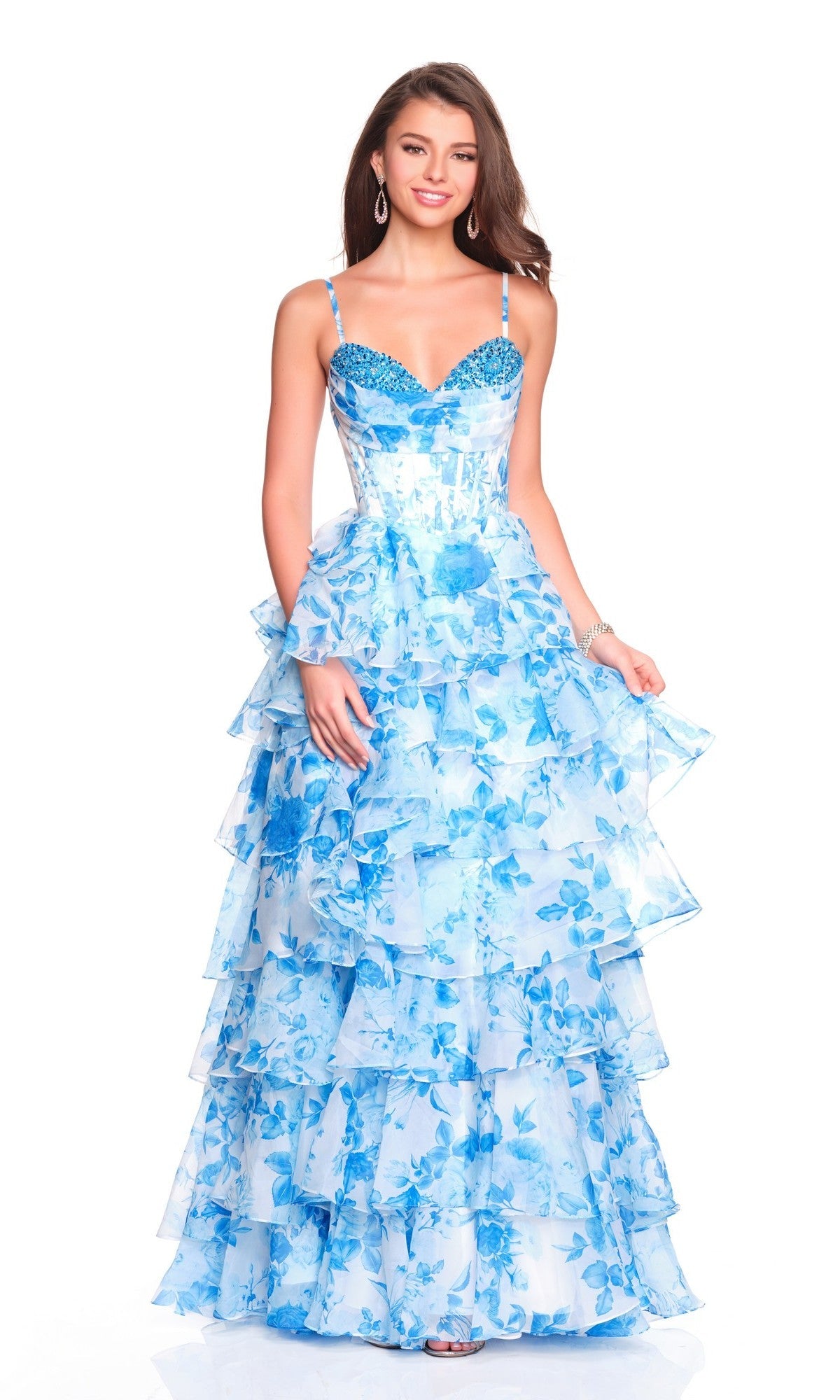 Blue/Print Dave & Johnny Long Prom Dress 12809