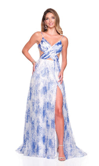 Blue/Print Dave & Johnny Long Prom Dress 12938