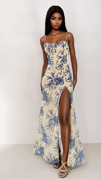 Blue/Print Dave & Johnny Long Prom Dress 12951