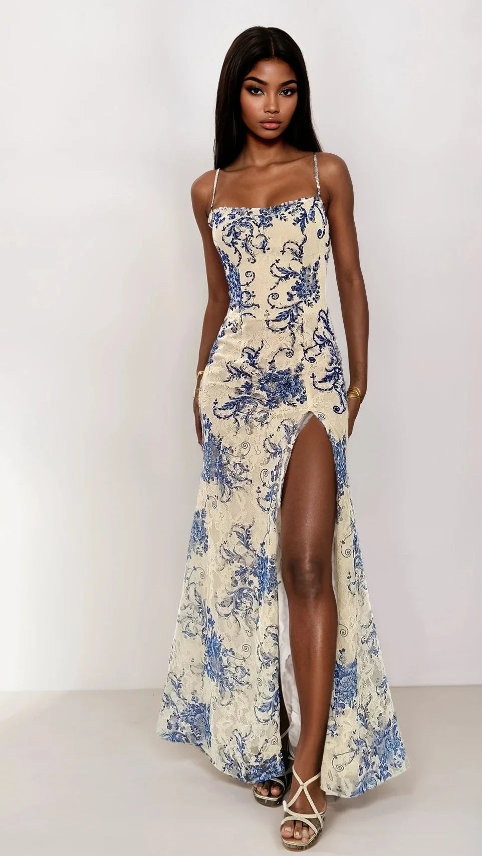 Blue/Print Dave & Johnny Long Prom Dress 12951