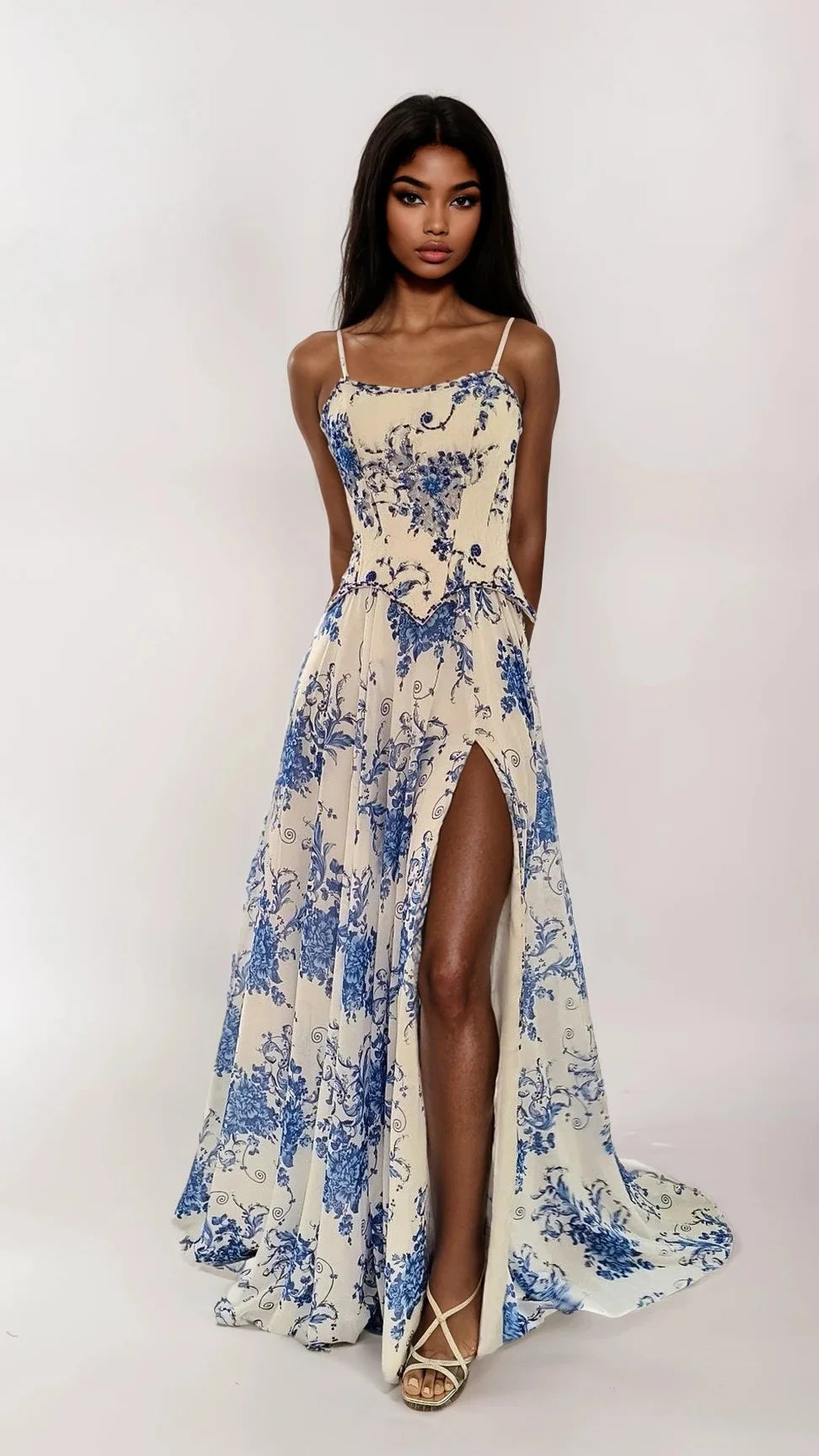 Blue/Print Dave & Johnny Long Prom Dress 12960