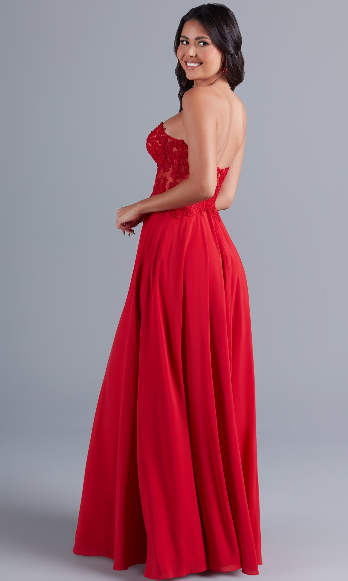 Red Strapless Sheer-Bodice Long Prom Dress