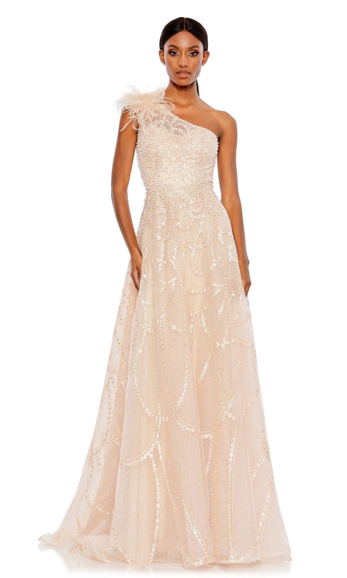 Mac Duggal Women's Embellished One Shoulder A Line Gown - Peach Mac Duggal Women's Embellished One Shoulder A Line Gown - Peach
