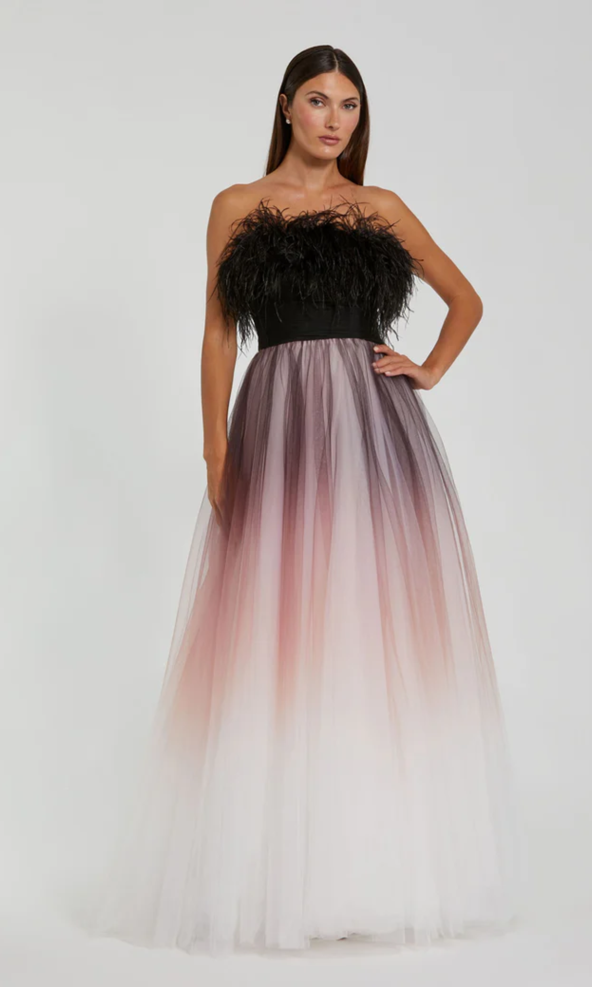 Pink Ombre Strapless Feather Bodice Tulle Gown - Mac Duggal US 14 Pink Ombre Strapless Feather Bodice Tulle Gown - Mac Duggal US 14