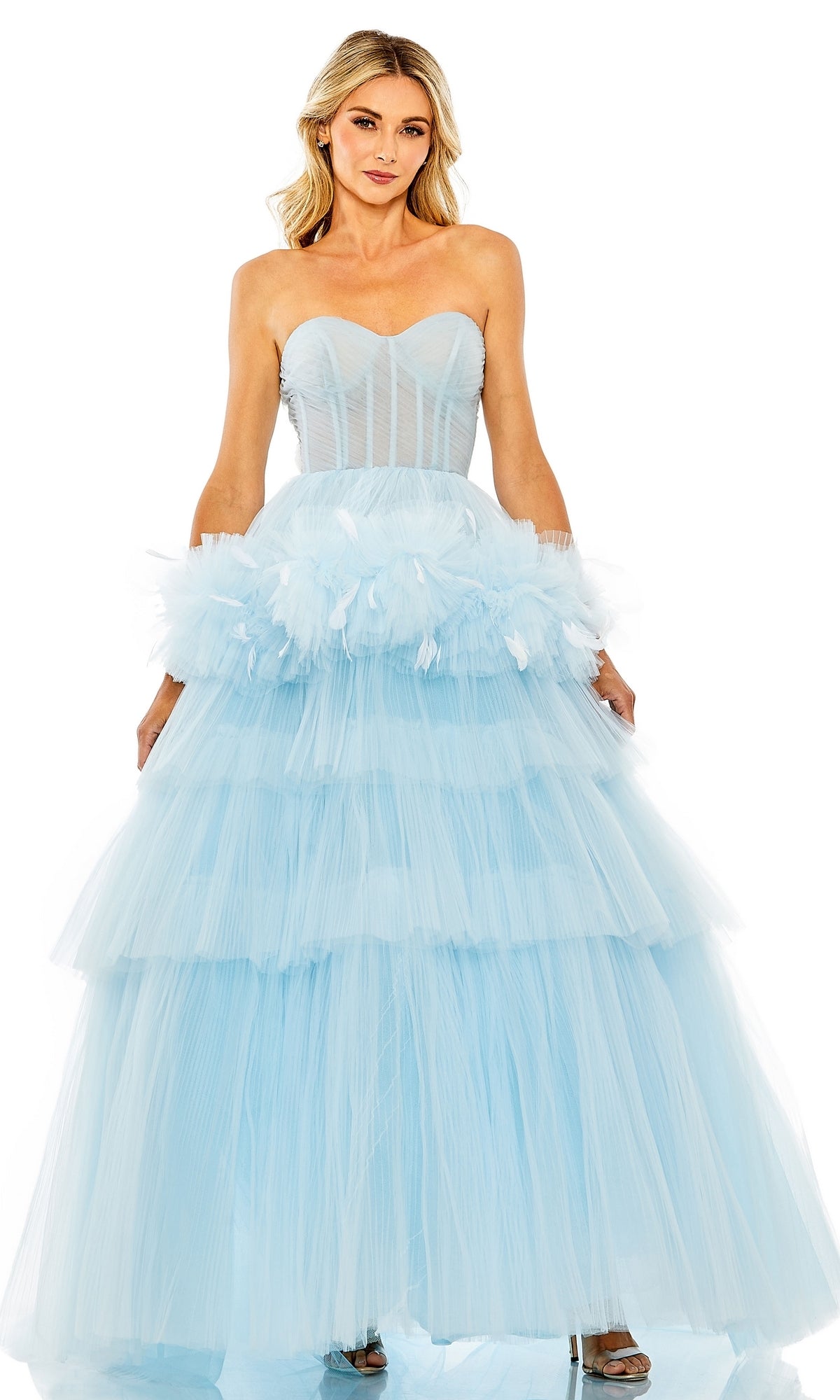 Mac Duggal Strapless Tulle Prom Gown with Feather Detail Rose, Size 4 Mac Duggal Strapless Tulle Prom Gown with Feather Detail Rose, Size 4