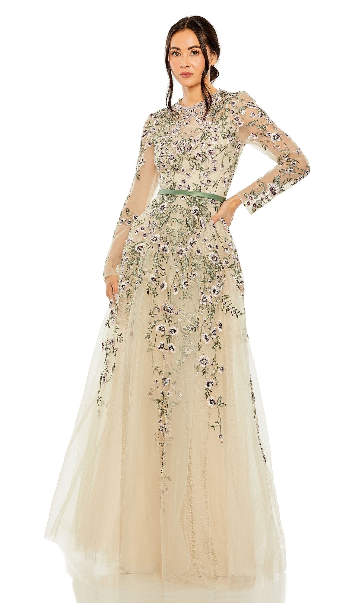 Long Sleeve Floral Embellished A-Line Gown | Mac Duggal Sage Multi / US 10 Long Sleeve Floral Embellished A-Line Gown | Mac Duggal Sage Multi / US 10