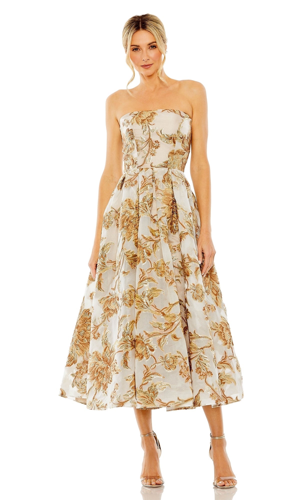 Mac Duggal Women's Strapless Brocade Midi Dress with Pockets - Bronze Mac Duggal Women's Strapless Brocade Midi Dress with Pockets - Bronze