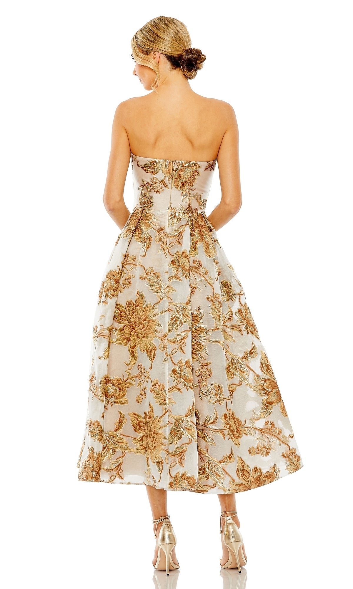 Mac Duggal Women's Strapless Brocade Midi Dress with Pockets Mac Duggal Women's Strapless Brocade Midi Dress with Pockets