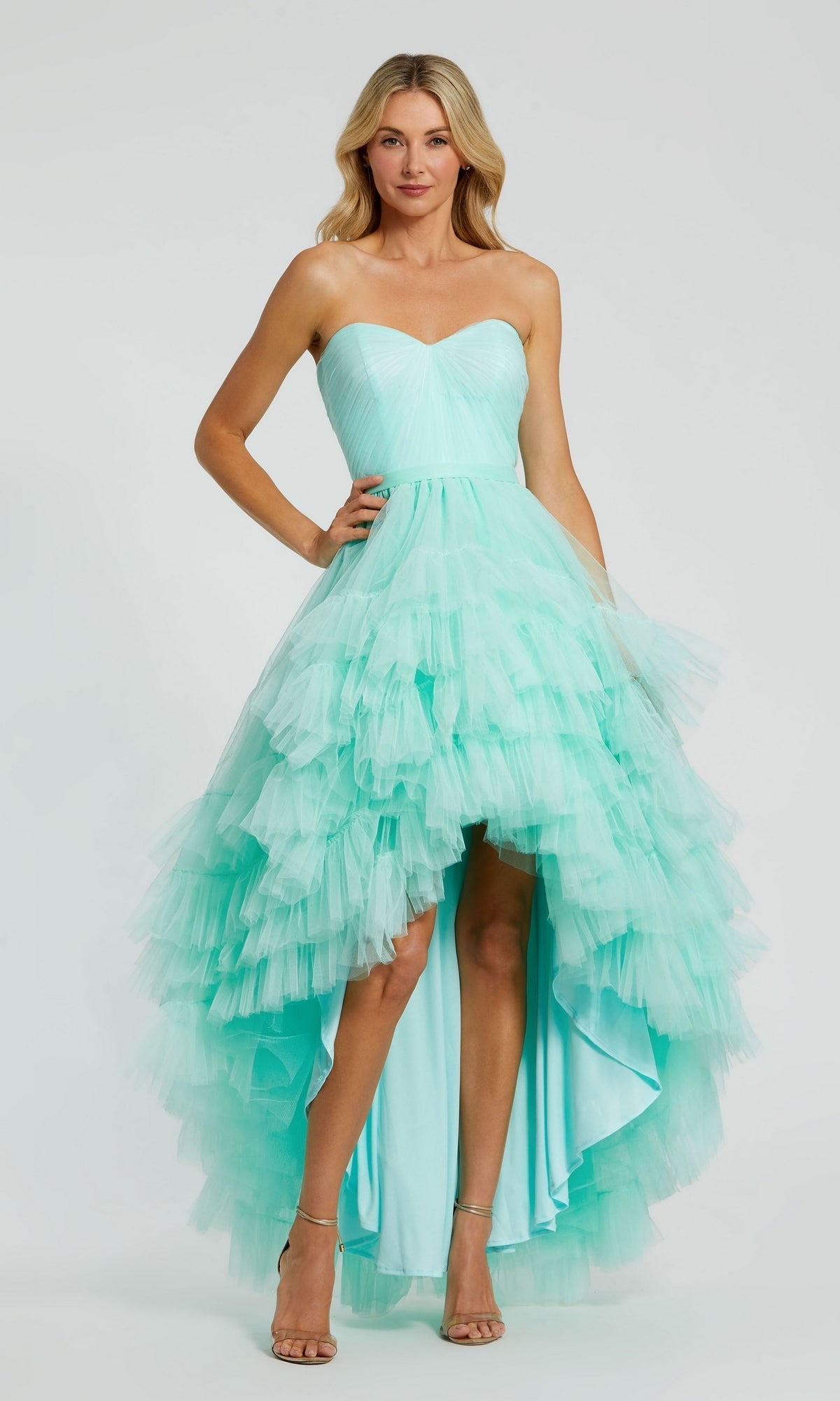 Mac Duggal Strapless Ruffle High Low Gown in Aqua at Nordstrom Size 8
