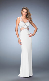 White La Femme Prom Dress with V-Neck and Open Back