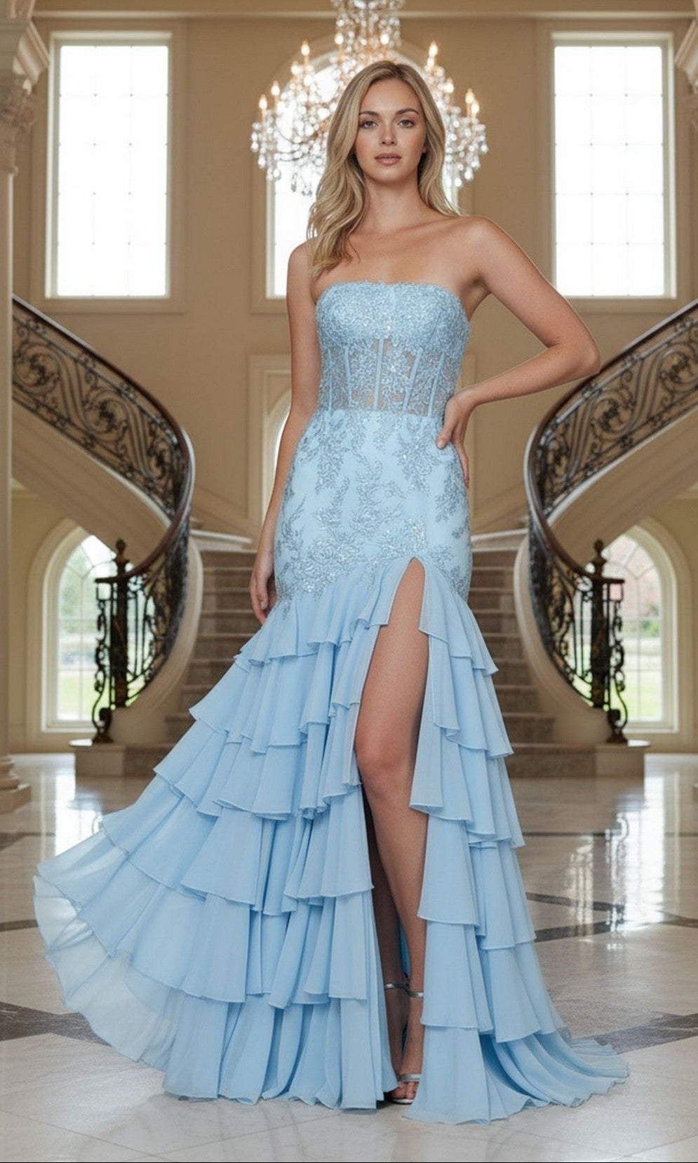 Blue Poly USA Long Formal Dress 25066 - Image