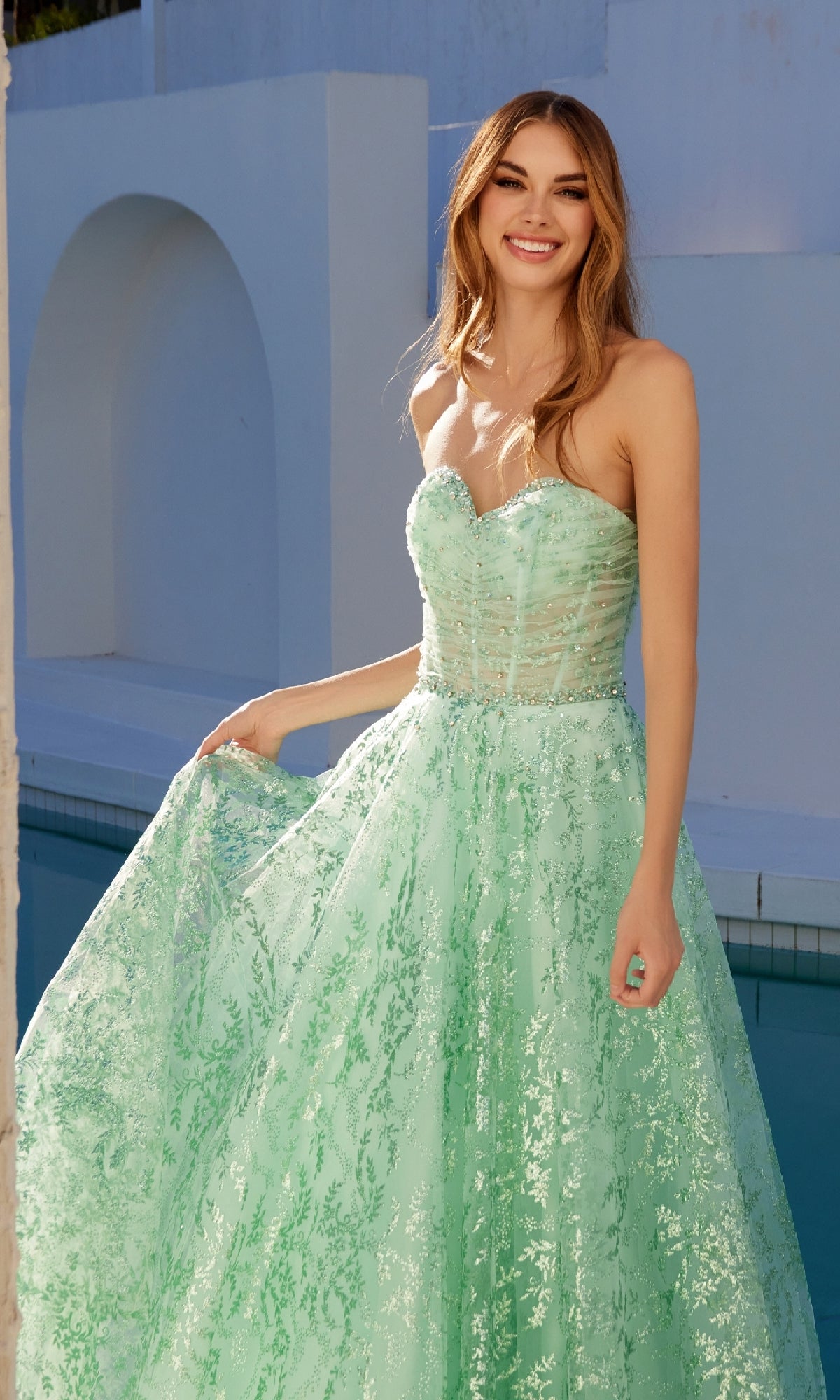 Juliet JT2547S Prom Long A Line Formal Glitter Print Evening Dress - Mint Green / 2 Juliet JT2547S Prom Long A Line Formal Glitter Print Evening Dress - Mint Green / 2