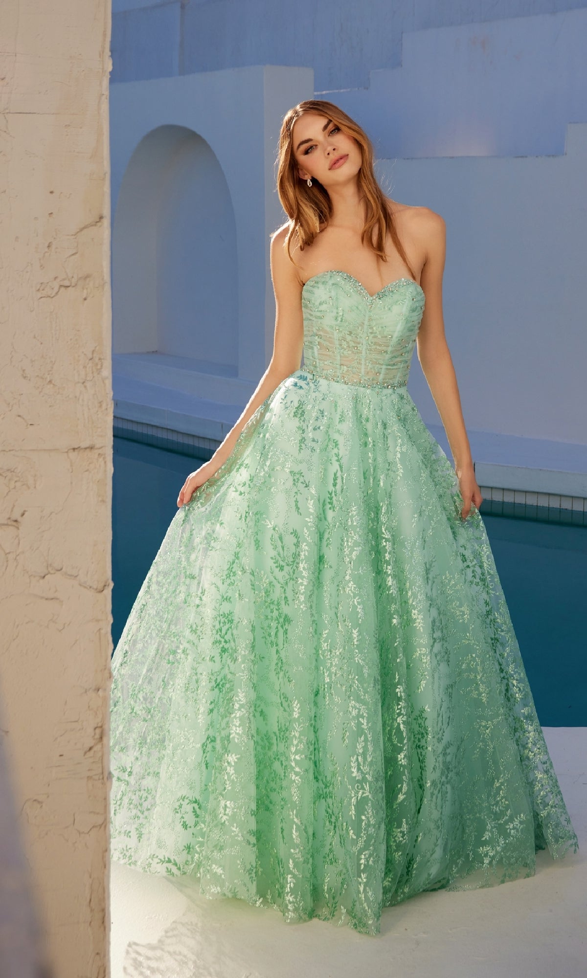 Juliet JT2547S Prom Long A Line Formal Glitter Print Evening Dress - Mint Green / 2 Juliet JT2547S Prom Long A Line Formal Glitter Print Evening Dress - Mint Green / 2