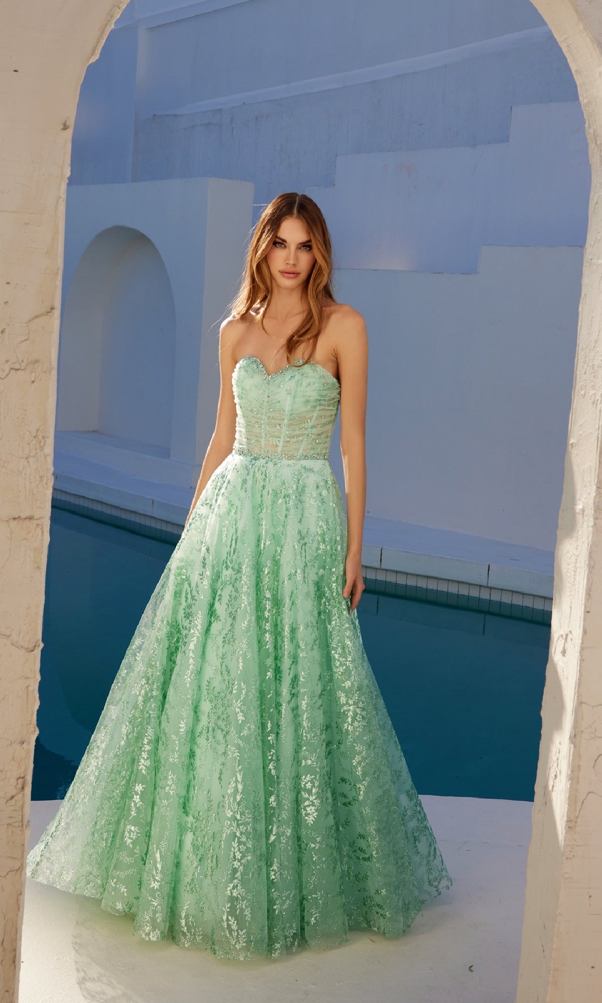 Juliet JT2547S Prom Long A Line Formal Glitter Print Evening Dress - Mint Green / 2 Juliet JT2547S Prom Long A Line Formal Glitter Print Evening Dress - Mint Green / 2