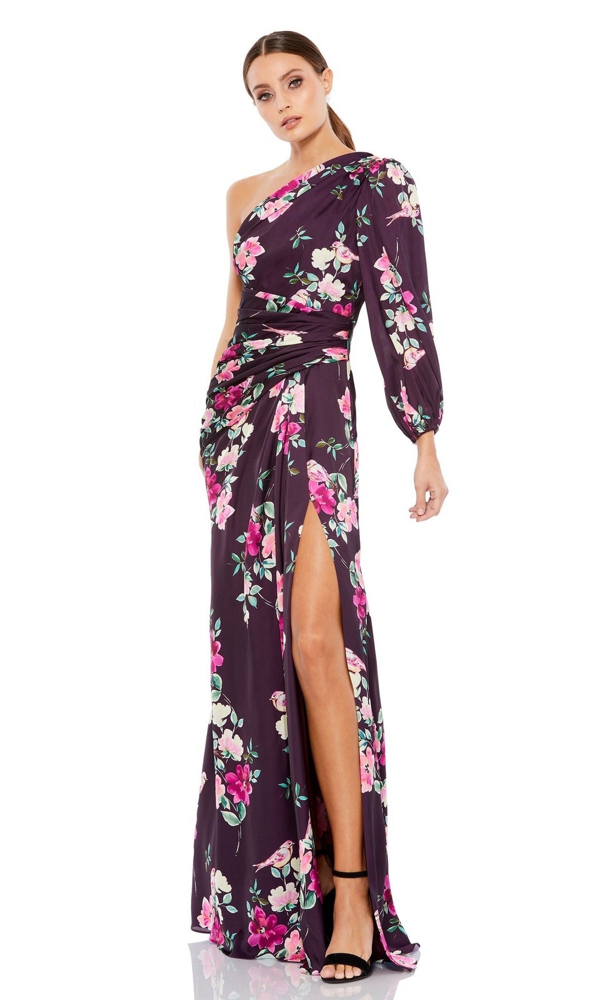 mac duggal floral prom dress Mac Duggal Women's Floral Mikado Strapless High-Low Bubble Hem Gown - Pastel Multi