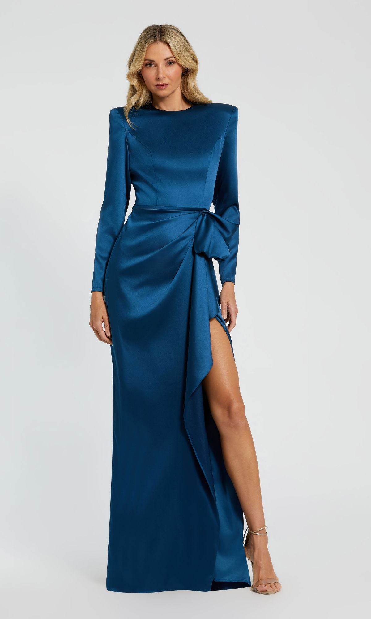 Mac Duggal Long Sleeve Structured Satin Bow Draped Column Gown Ocean Blue size