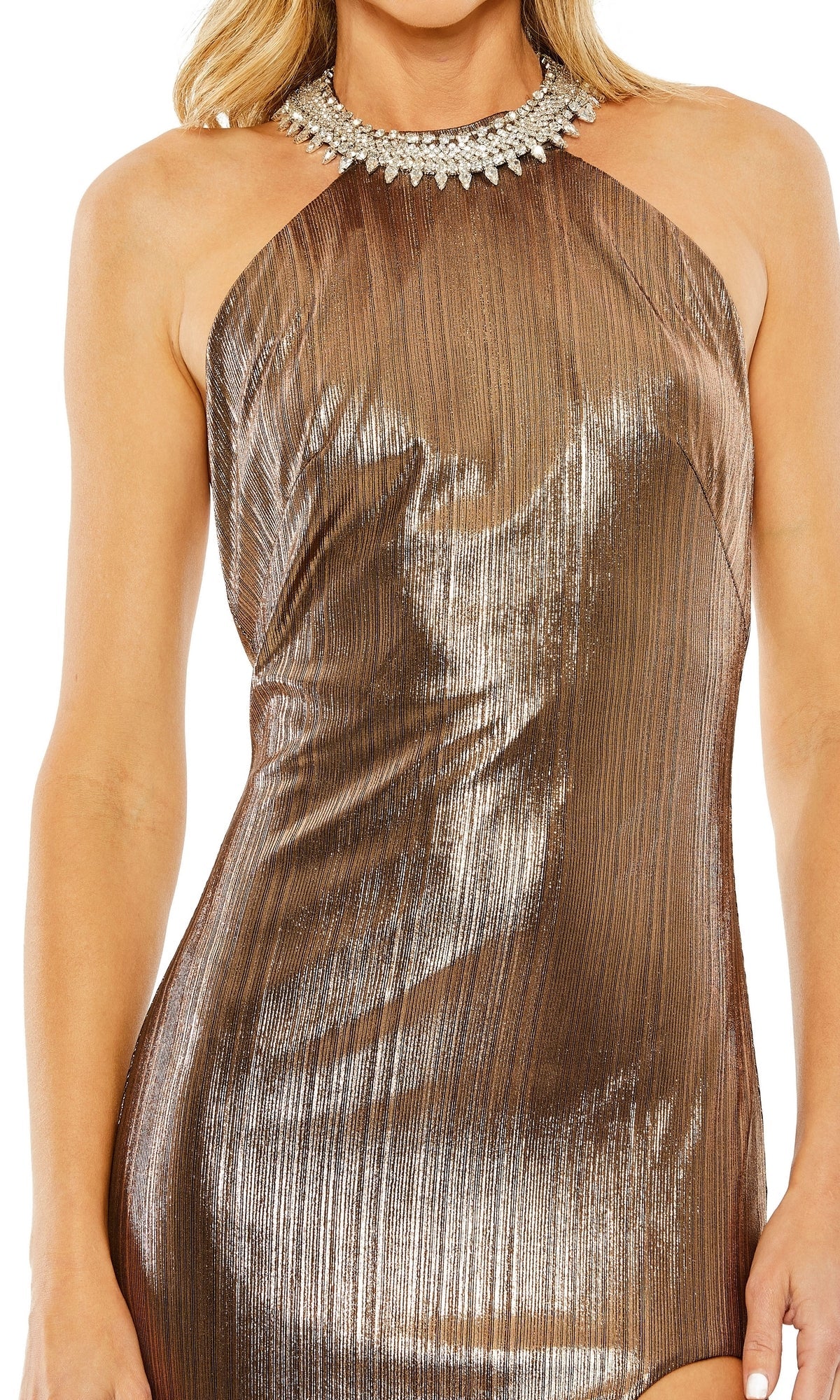 Ieena for Mac Duggal - Gold High Neck Crystal Detail Metallic Slit Gown - FINAL SALE - Antique Gold / US 8 Ieena for Mac Duggal - Gold High Neck Crystal Detail Metallic Slit Gown - FINAL SALE - Antique Gold / US 8