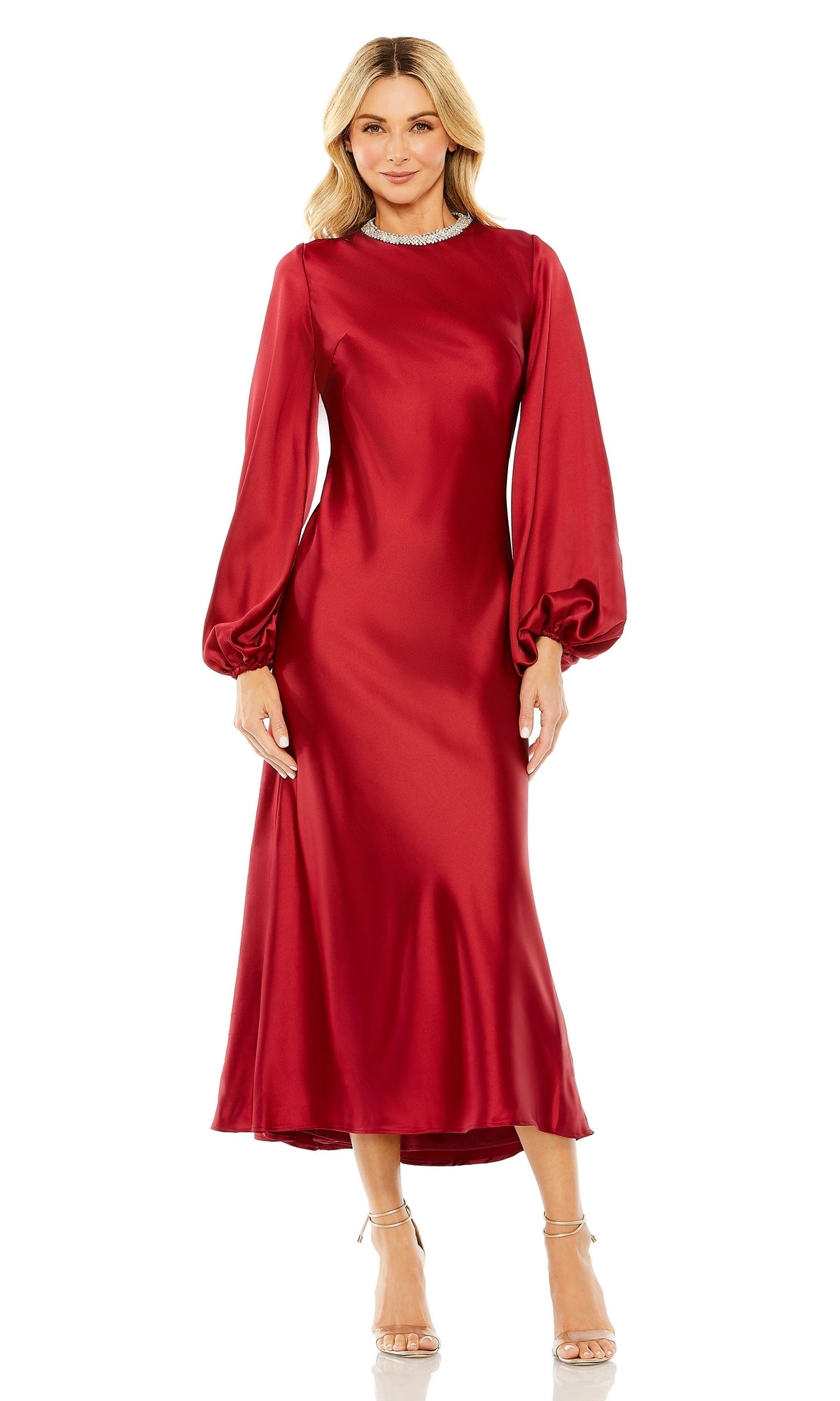 mac duggal red dress long sleeve Red Embellished High Neck Long Sleeve A Line Gown