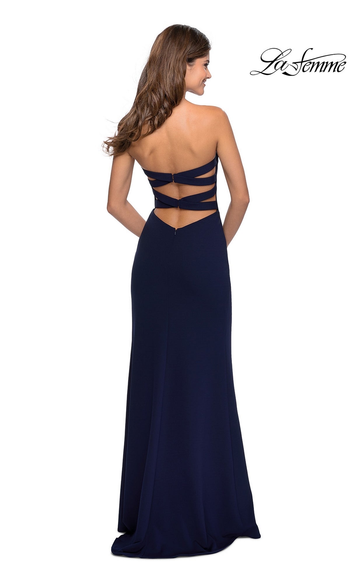 Navy La Femme Strapless Faux-Wrap Long Formal Dress