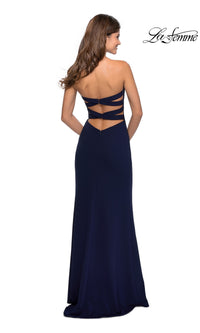 Navy La Femme Strapless Faux-Wrap Long Formal Dress