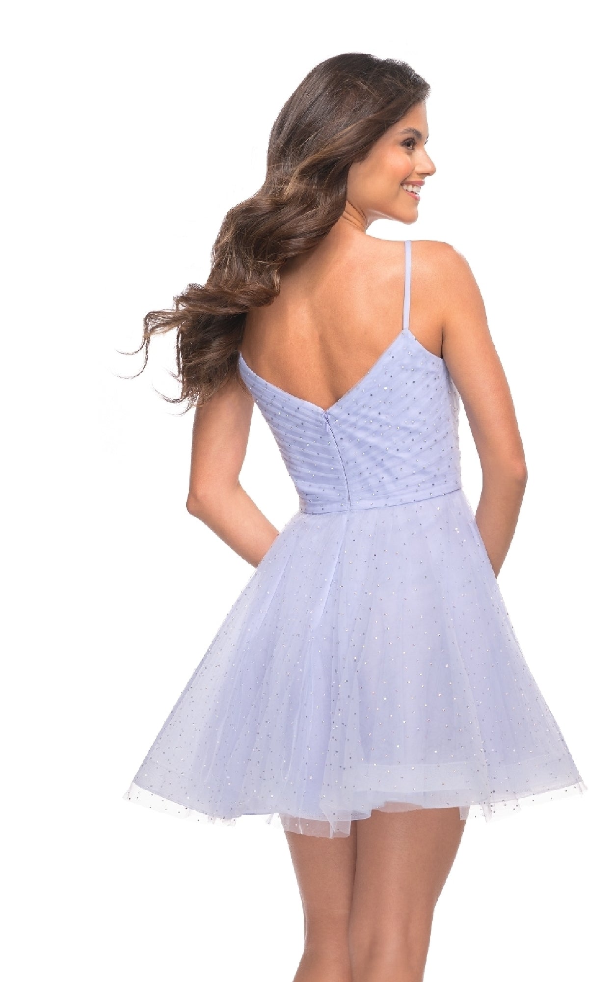 short navy homecoming dresses Short La Femme Navy Homecoming Dress with Rhinestones Lilac Mist / 00