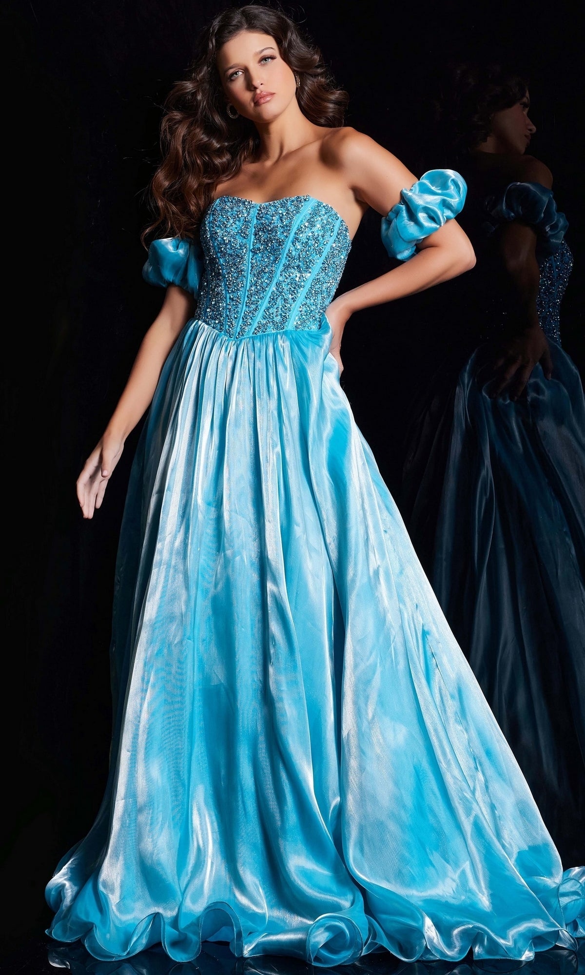 jovani a line prom dress Mint Embellished Bodice A Line Gown 38179
