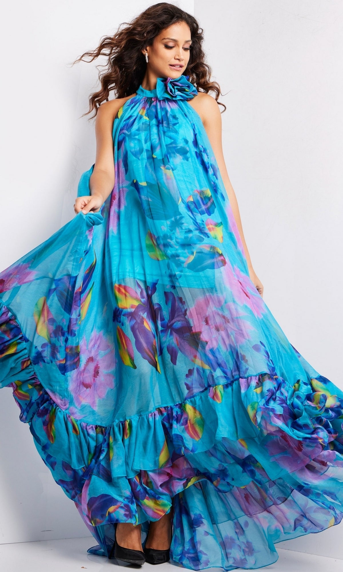 georgette prom dress Blue Evening Dresses Short Feather Sleeve Prom Dress High Neck Squin Party Dress