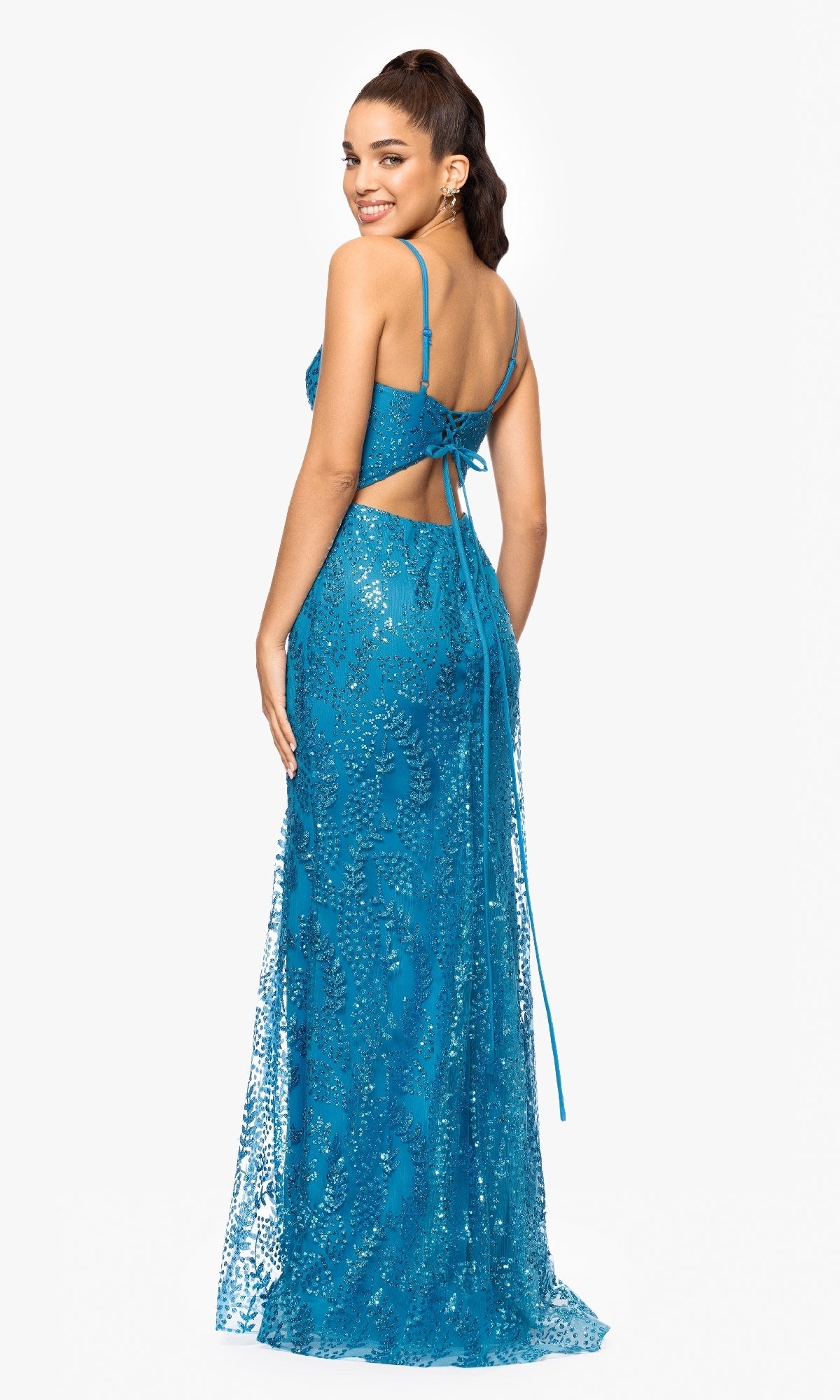 Jocelyn Long Glitter Mesh V-Neck Dress - Aqua / 9 Jocelyn Long Glitter Mesh V-Neck Dress - Aqua / 9