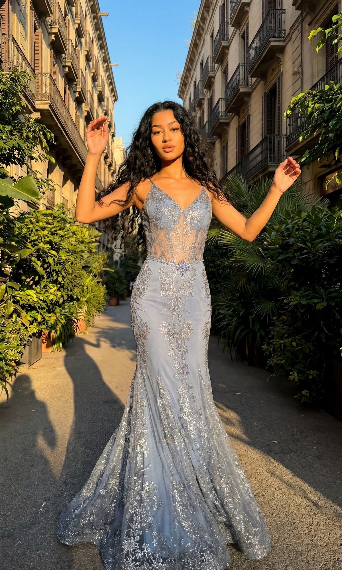 Smokey Blue Chicas Long Formal Dress 4030