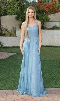 Dusty Blue Corset-Back A-Line Prom Gown with Beaded Waist