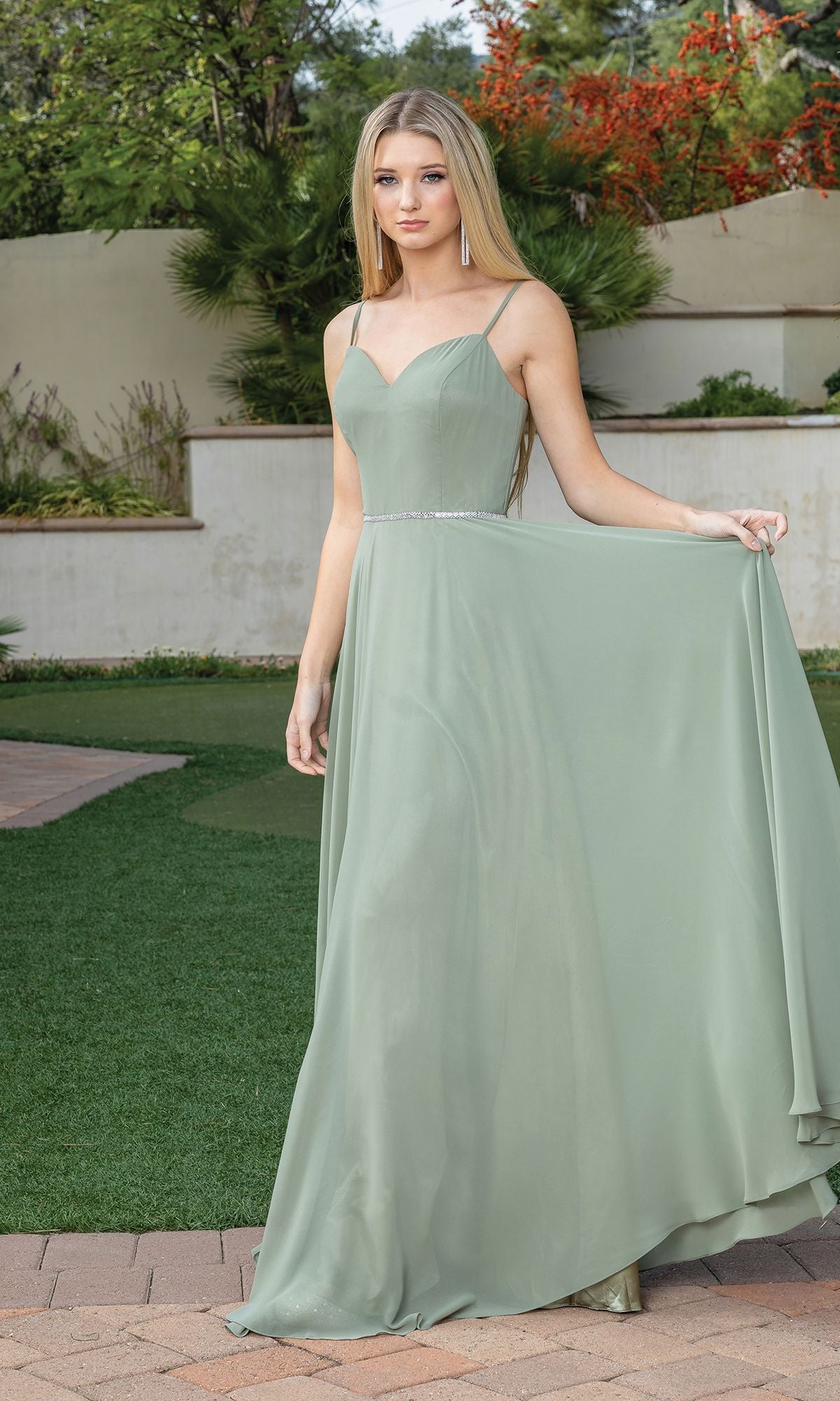 Sage Corset-Back A-Line Prom Gown with Beaded Waist
