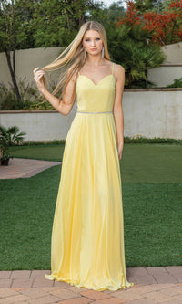 Yellow Corset-Back A-Line Prom Gown with Beaded Waist
