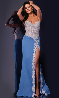 Off White/Denim Jovani Long Formal Dress 43341 - Image