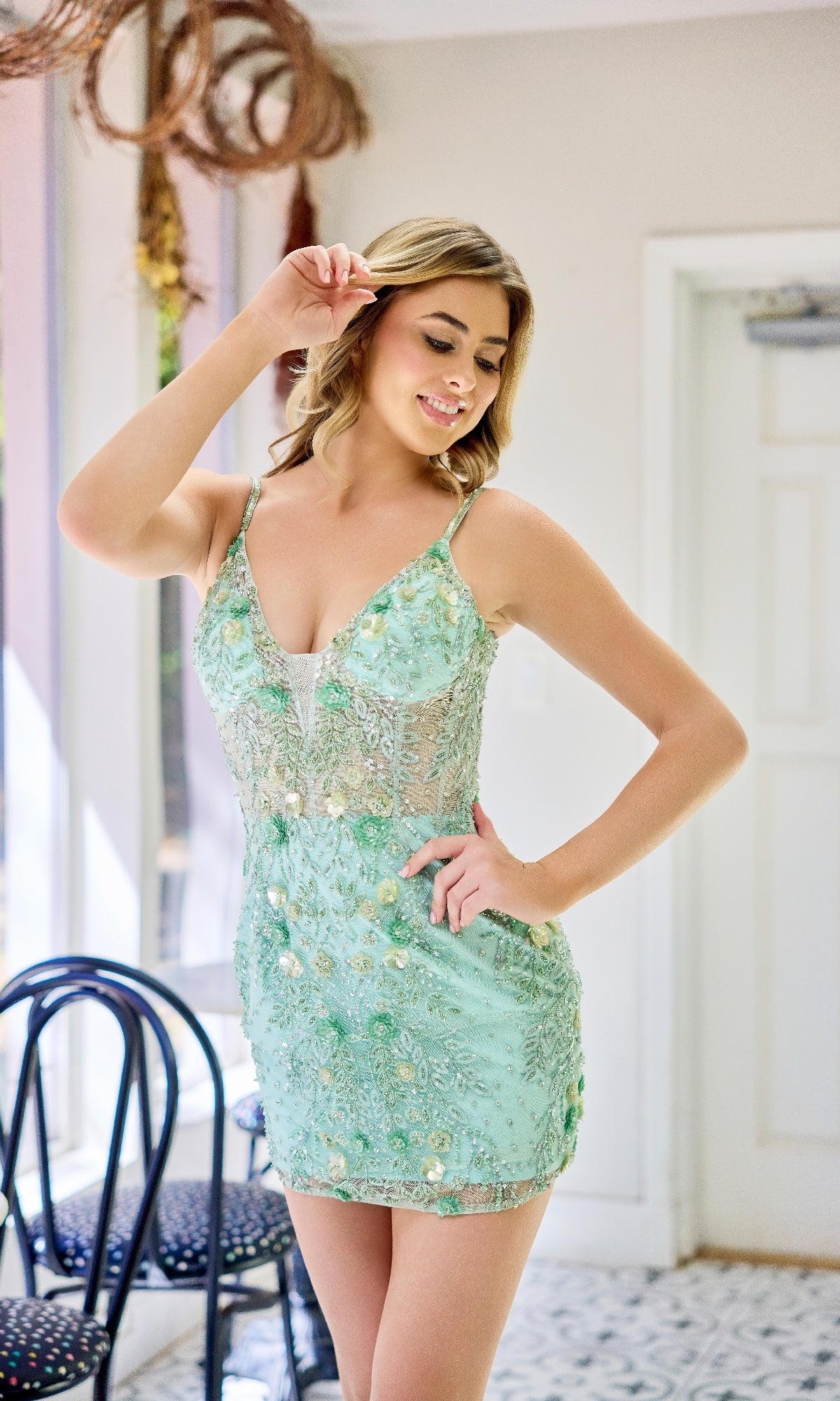 Light Sage Green Primavera Short Party Dress 4402