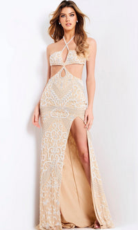 Nude/White Jovani Long Formal Dress 45257 - Image