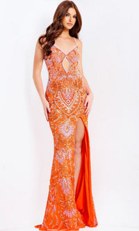 Orange/ Multi Jovani Long Formal Dress 45268