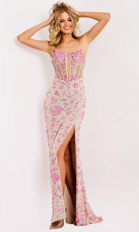 Silver/Fucshia Jovani Long Formal Dress 45774 - Image