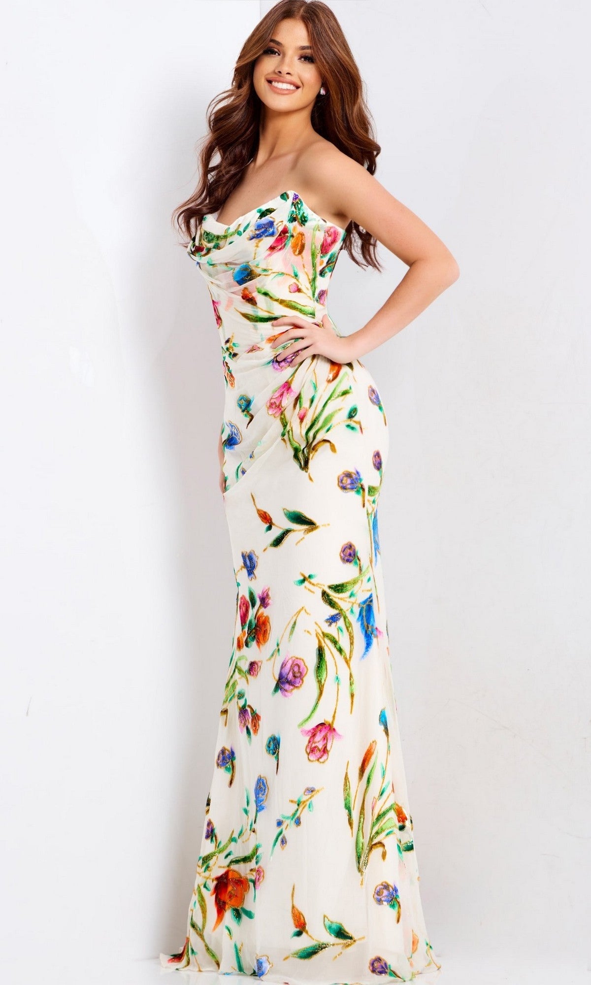 Ivory/Multi Jovani Long Formal Dress 47626 - Image