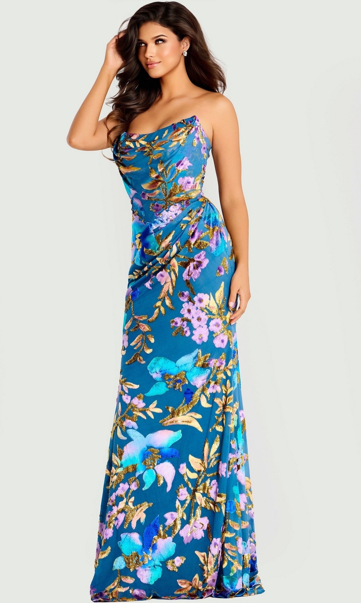 Blue/Gold Jovani Long Formal Dress 47654 - Image