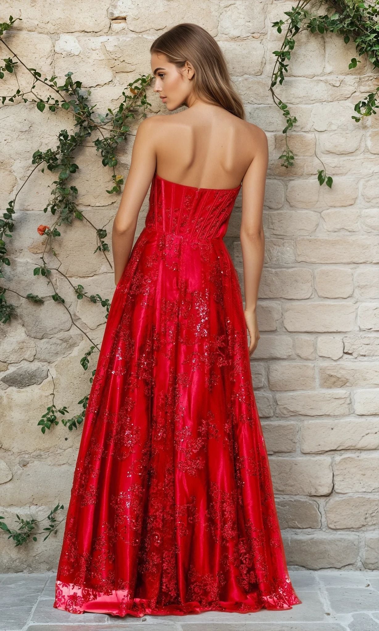 blondie nites red prom dress Strapless Long Red Satin Prom Dress with Corset Bodice Red / 11