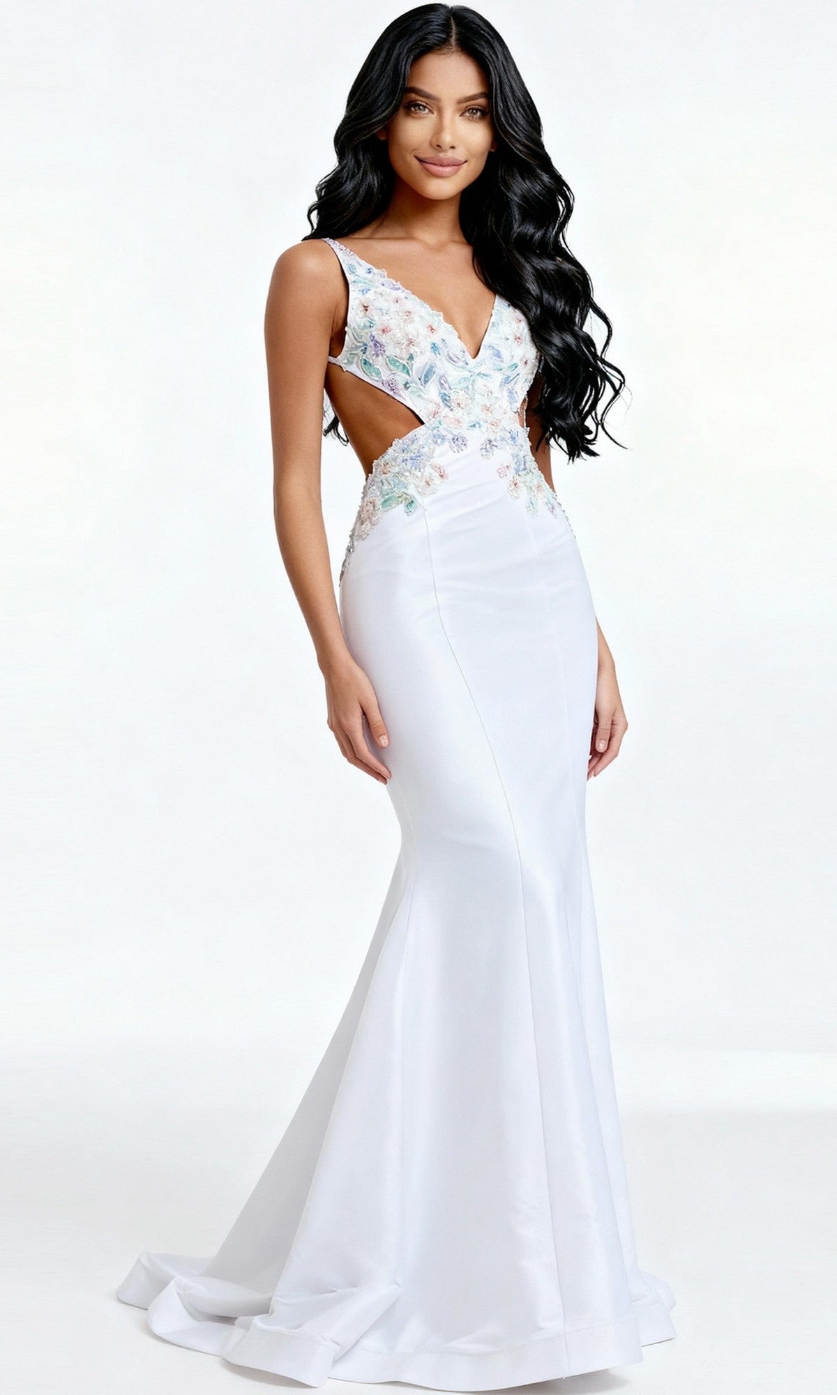 Off White/Multi Jovani Long Formal Dress 48176