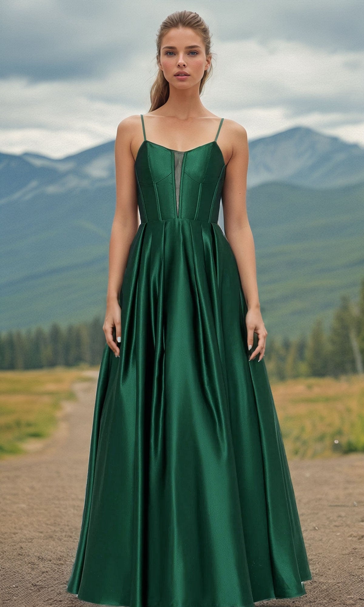 Blondie Nites Carol Long Satin Mesh Insert Ballgown - Hunter / 7 Blondie Nites Carol Long Satin Mesh Insert Ballgown - Hunter / 7