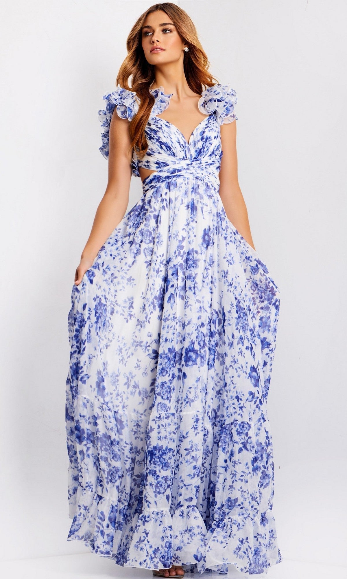 White/Blue Jovani Long Formal Dress 49143