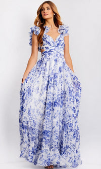 White/Blue Jovani Long Formal Dress 49143