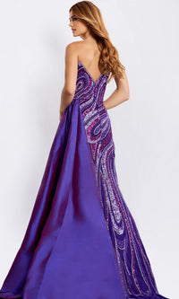 A woman wears the Jovani Long Formal Dress 49226, a purple, floor-length, strapless sequin gown with swirling patterns—an elegant Jovani design perfect for prom or any formal event. - Image