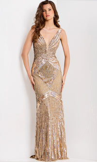 Nude/ Gold Jovani Long Formal Dress 49242 - Image